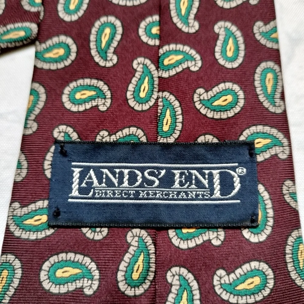 LANDS' END Debonaire Burgundy Green Gray Paisley Men's Silk Neck Tie - Picture 5 of 10
